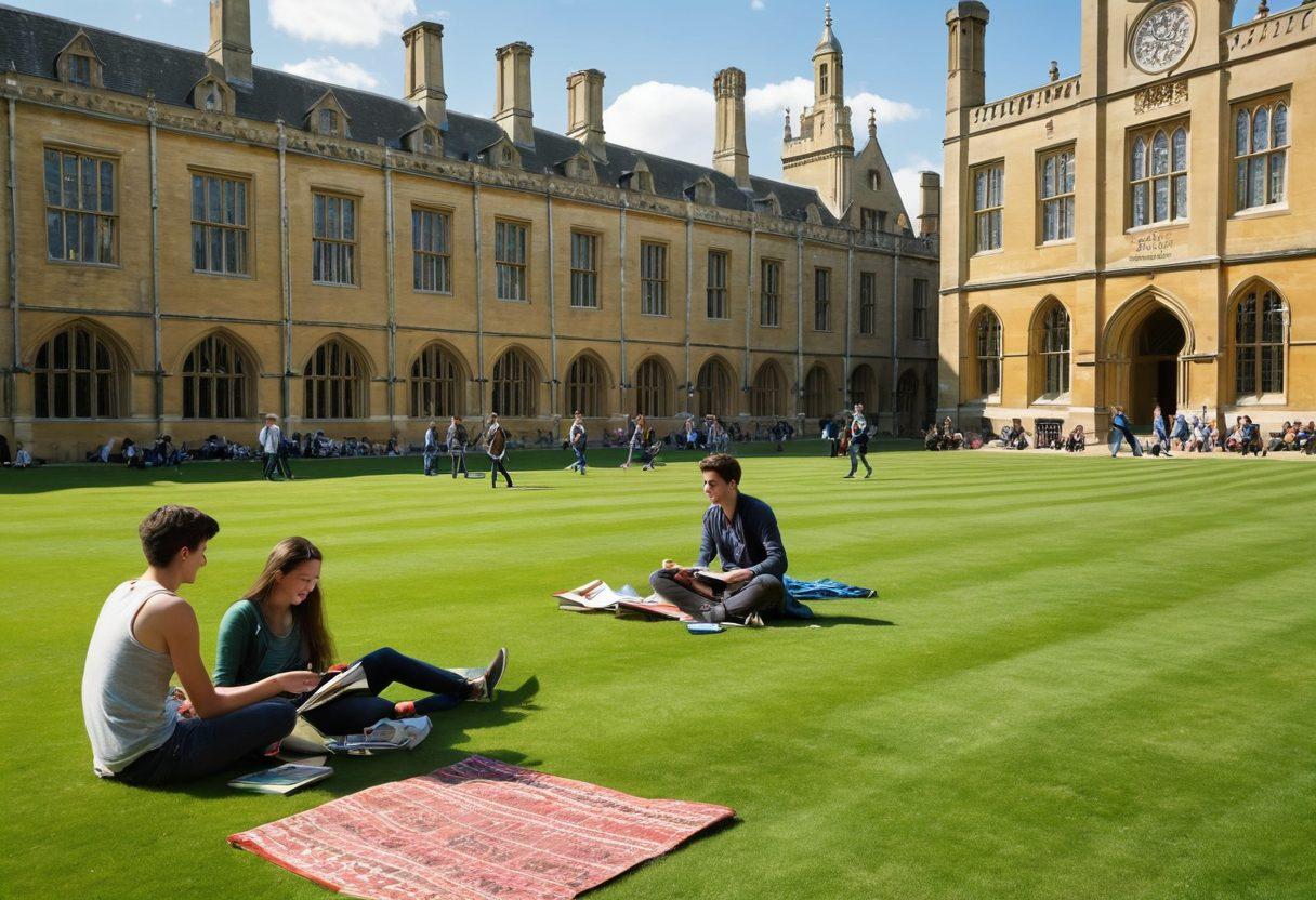 A vibrant scene depicting a sunny day at Cambridge, showing diverse students engaged in lively discussions on the iconic grass of a college courtyard. Include historic architecture in the background, with students playing frisbee and picnicking, symbolizing joy and culture. Incorporate elements like books, bicycles, and art supplies to reflect the scholarly environment. Capture a sense of freedom and exhilaration through bright colors and dynamic poses. super-realistic. vibrant colors. natural lighting.