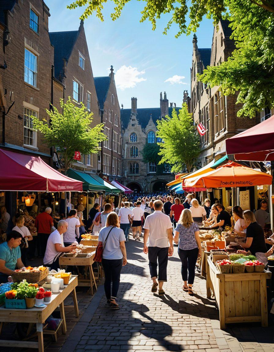 A vibrant street scene in Cambridge, showcasing diverse community events with joyful people of all ages engaging in activities. In the foreground, a colorful market with local artisans and food stalls, while in the background, historic architecture complements the festive atmosphere. Sunlight casts a warm glow, creating an inviting feeling of connection and celebration within the community. super-realistic. vibrant colors. 3D.