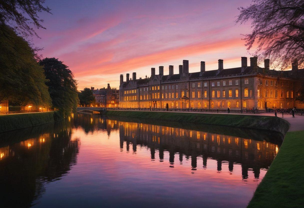 A picturesque view of Cambridge University at dusk, showcasing iconic architecture like King's College and the River Cam, with students in traditional gowns happily discussing and studying by the riverbank. Include a soft glow from lanterns and a vibrant sunset that reflects on the water, capturing the essence of student life and rich history. super-realistic. vibrant colors. serene atmosphere.